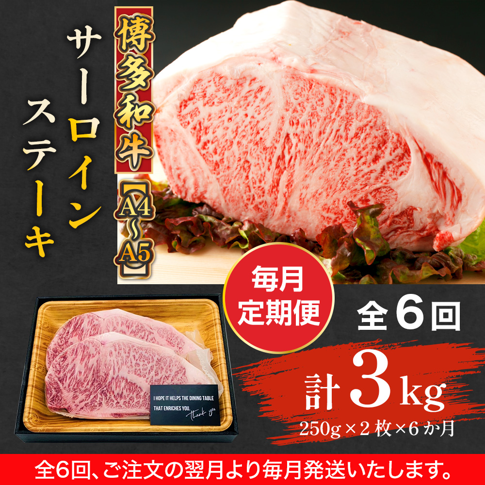 【毎月定期便】【A4〜A5】博多和牛サーロインステーキ500g (250g×2枚) 全6回　AO075
