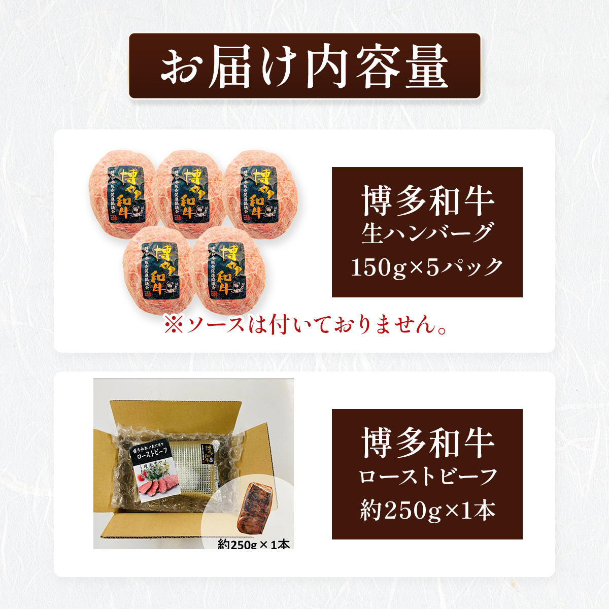 博多和牛贅沢セット (博多和牛生ハンバーグ150g×5パック、博多和牛ローストビーフ250g×1本) CB005