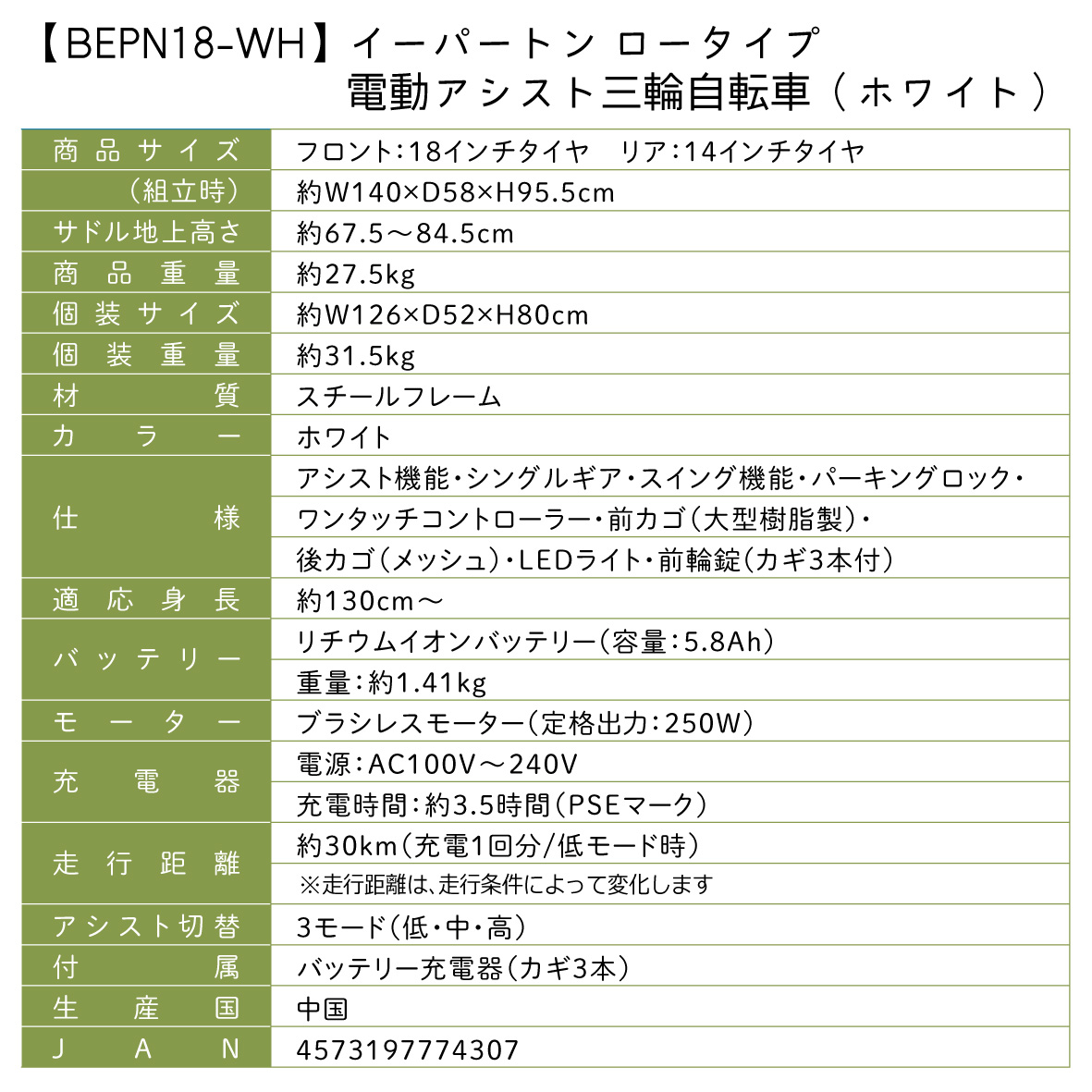 電動アシスト 三輪自転車 三輪車 大人用 18インチ シニア 高齢者 カゴ付き 3輪  ロータイプ 低床サドル 安定 通院 買い物 免許返納 ギフト プレゼント 人気 安心 安全 ミムゴ イーパートン BEPN18-WH  福岡県 粕屋町 CC003