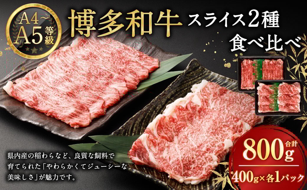 【A4・A5】 博多和牛 スライス 2種食べ比べ 肩ロース400g×1 ＆ 赤身400g×1 合計800g 牛 牛肉 肉 にく お肉 和牛 ロース肉 ロース 赤身肉 薄切り うす切り 食べくらべ セット 冷凍