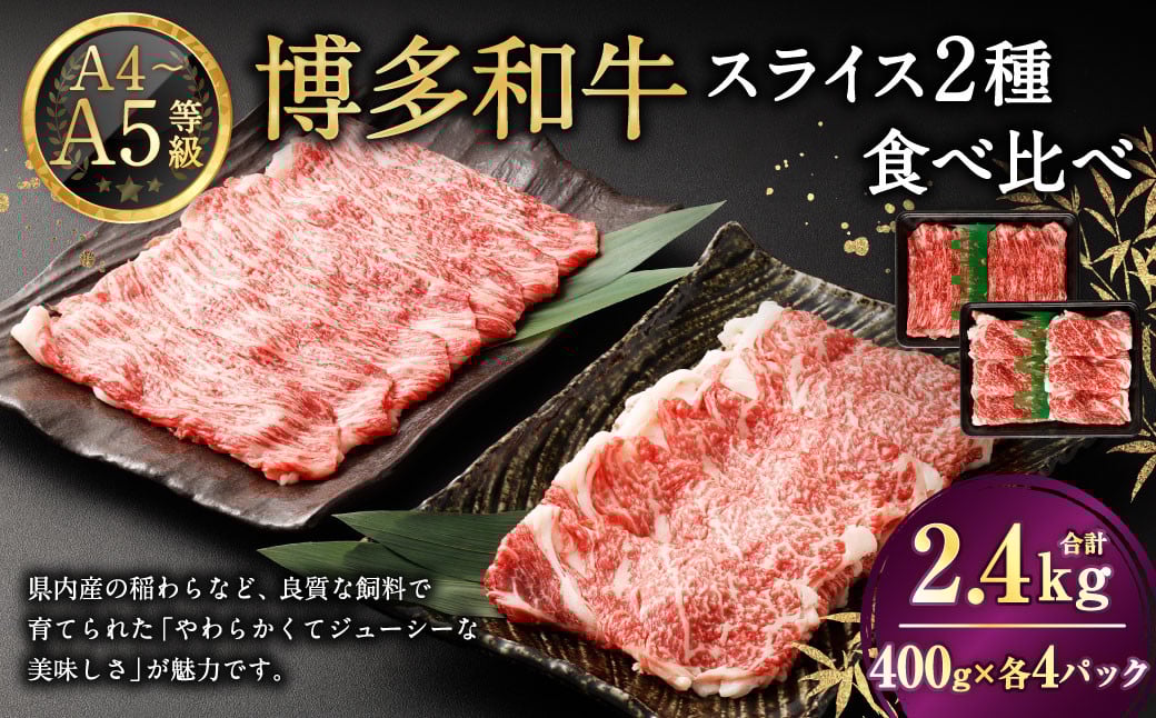 【A4・A5】 博多和牛 スライス 2種食べ比べ 肩ロース400g×3 ＆ 赤身400g×3 合計2.4kg 牛 牛肉 肉 にく お肉 和牛 ロース肉 ロース 赤身肉 薄切り うす切り 食べくらべ セット 冷凍
