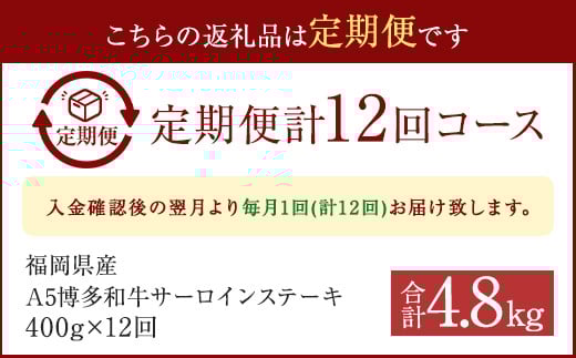 【12ヶ月定期便】福岡県産 A5博多和牛サーロインステーキ 200g×2枚