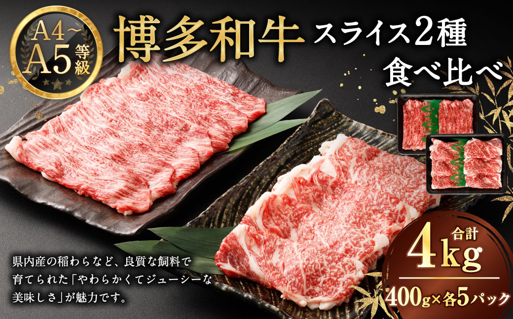 【A4・A5】 博多和牛 スライス 2種食べ比べ 肩ロース400g×5 ＆ 赤身400g×5 合計4kg 牛 牛肉 肉 にく お肉 和牛 ロース肉 ロース 赤身肉 薄切り うす切り 食べくらべ セット 冷凍