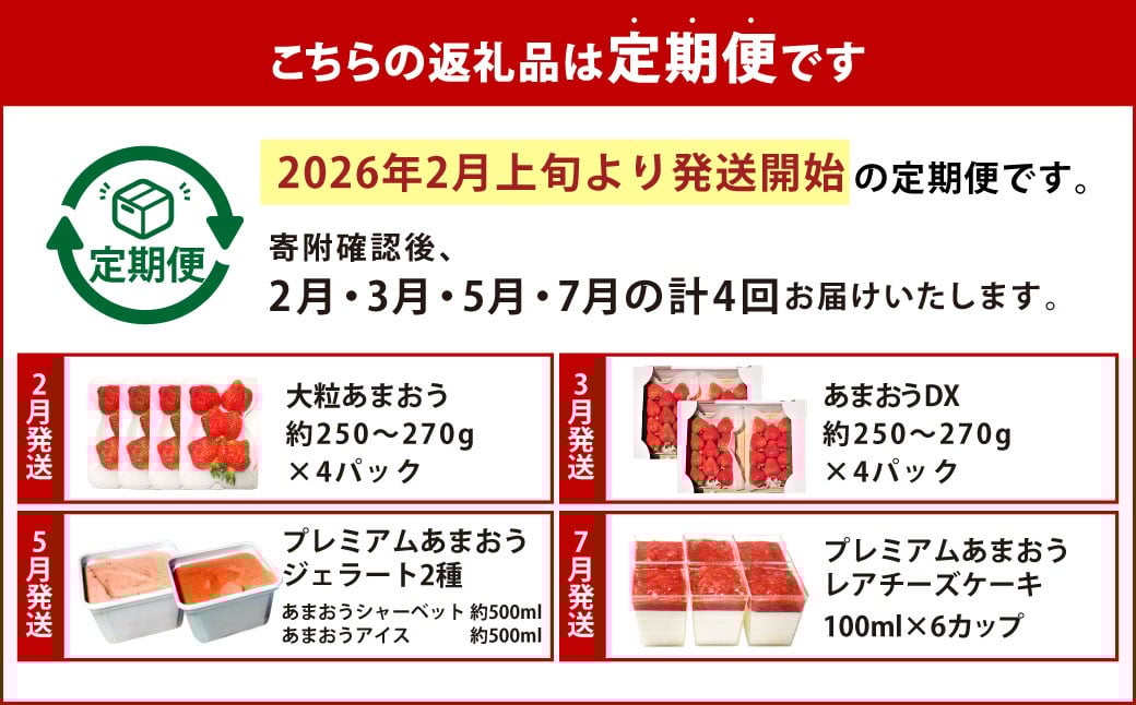 【予約受付・4回定期便】あまおう大好き定期便 ジェラート いちご レアチーズケーキ いちご イチゴ 苺 果物 くだもの フルーツ スイーツ デザート 定期便 【2026年2月上旬～7月下旬発送予定】