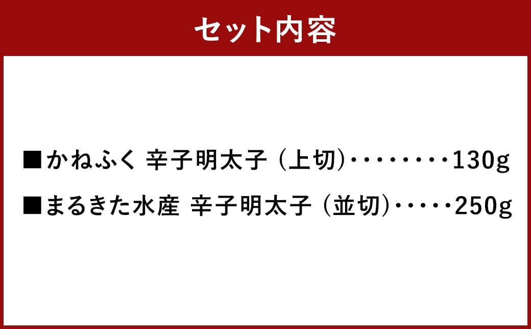 辛子明太子 味くらべセット 計380g （ かねふく 上切 130g × 1パック、まるきた水産 250g 並切 × 1パック ） 明太子 辛子 めんたいこ 冷凍 めんたい 魚卵 海鮮 魚介類 ご飯のお供 おつまみ おかず