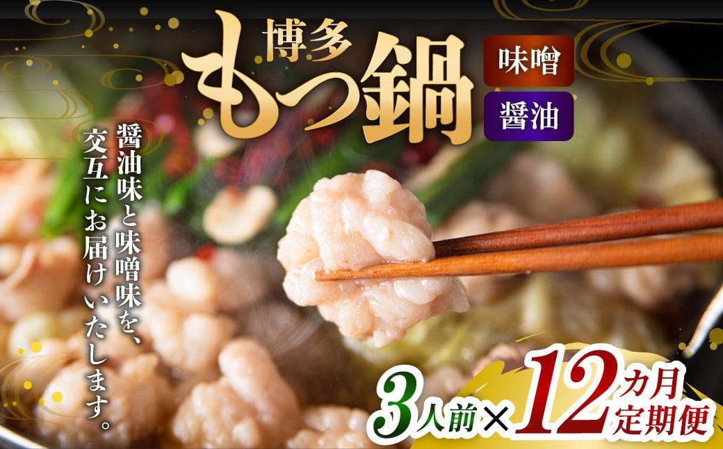 【12ヶ月定期便】 人気の博多もつ鍋 3人前 醤油味・味噌味を交互にお届け！  1ヶ月毎 12回 牛もつ 牛小腸 牛肉 お肉 ちゃんぽん麺 チャンポン麵
