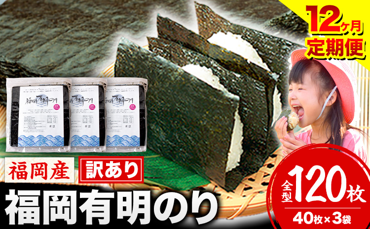 【12ヶ月定期便】有明海苔 全型 120枚 訳あり 海苔 全型 訳あり 福岡有明のり 全型《お申込み翌月から出荷》 海苔 ふるさと納税 海苔 全型 有明 訳あり 海苔 高レビュー 大容量 国産 おにぎり 手巻き 寿司 訳アリ わけあり ワケアリ ご飯のお供 のり