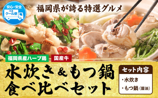 福岡県産ハーブ鳥 水炊き 国産牛 もつ鍋 各2人前 合計4人前 醤油味 株式会社マル五《30日以内に出荷予定(土日祝除く)》 福岡県 鞍手町 水炊き鍋 もつ鍋 もつ 鶏肉 水炊きセット もつ鍋セット 鍋パーティー パーティー 送料無料