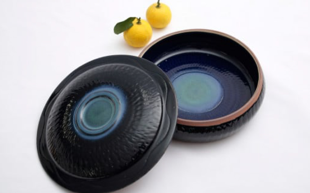 2P1 小石原焼特注キャニスター（瑠璃色）・東峰村産ゆず使用ご当地明太子２７０ｇ