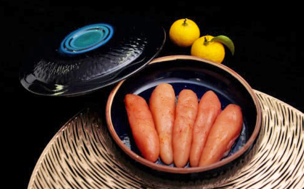 2P1 小石原焼特注キャニスター（瑠璃色）・東峰村産ゆず使用ご当地明太子２７０ｇ