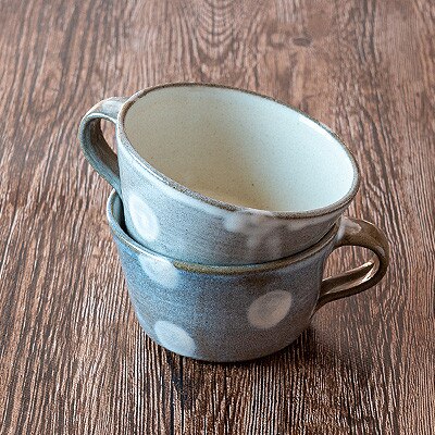 AA71　小石原焼 ヤママル窯 水玉スープカップセット(白・白)