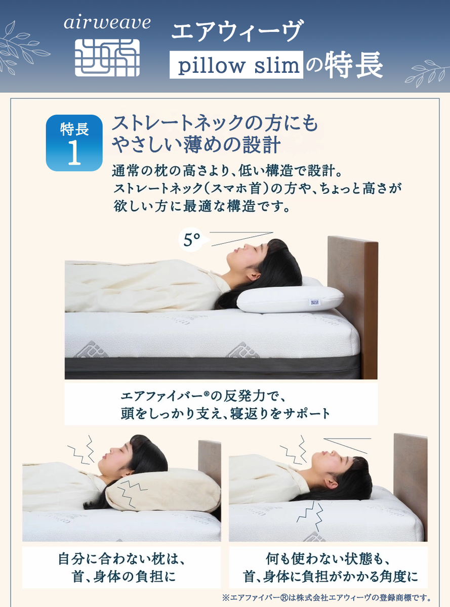 エアウィーヴ ピロー スリム 枕  まくら 洗える 洗濯可 いびき 高反発 オールシーズン対応 ギフト 母の日 父の日 敬老の日 安眠 快眠 健康 肩 首 高さ調整 熟睡 寝具 寝心  寝返り 新生活 大人気 送料無料