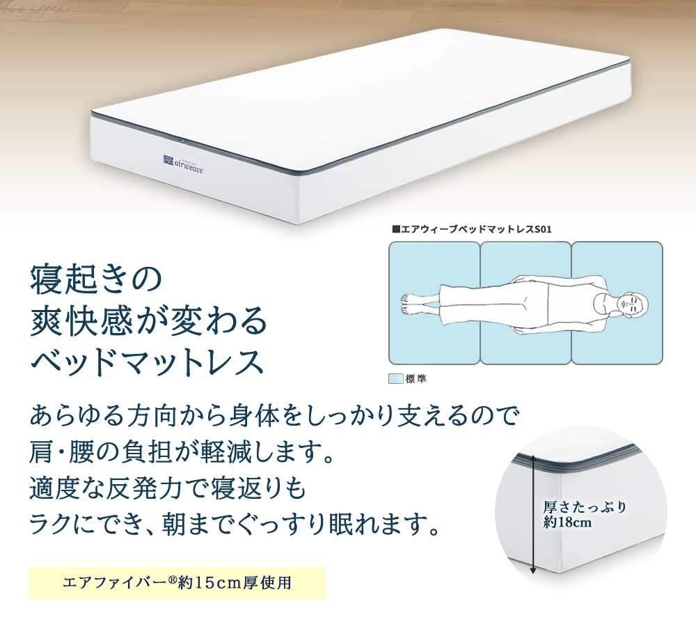 エアウィーヴ ベッドマットレス S01 シングル 寝具  ベッドマットレス  ベット マットレス サイズ オールシーズン対応 ぐっすり 安眠 快眠 健康 高反発 腰 肩 熟睡 寝心地 新生活 洗濯可 送料無料 体圧分散 大人気 日本製 国産 妊婦 赤ちゃん ペット