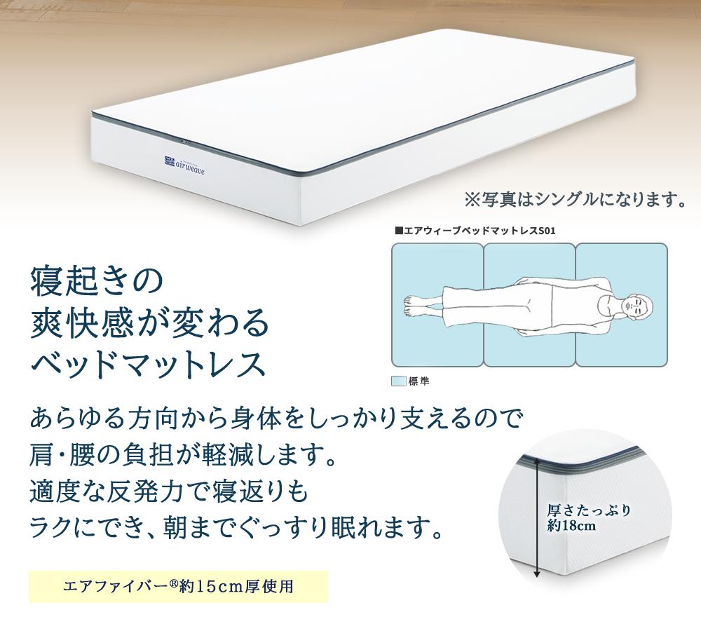 エアウィーヴ ベッドマットレス S01 セミダブル 寝具  ベッドマットレス  ベット マットレス サイズ オールシーズン対応 ぐっすり 安眠 快眠 健康 高反発 腰 肩 熟睡 寝心地 新生活 洗濯可 送料無料 体圧分散 大人気 日本製 国産 妊婦 赤ちゃん ペット 