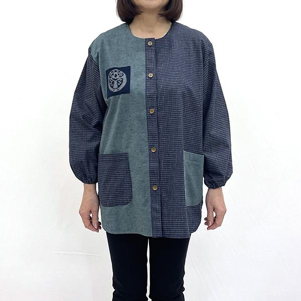 久留米織 民芸調スモック あさぎ色（草ブルー）【BA059-GR】