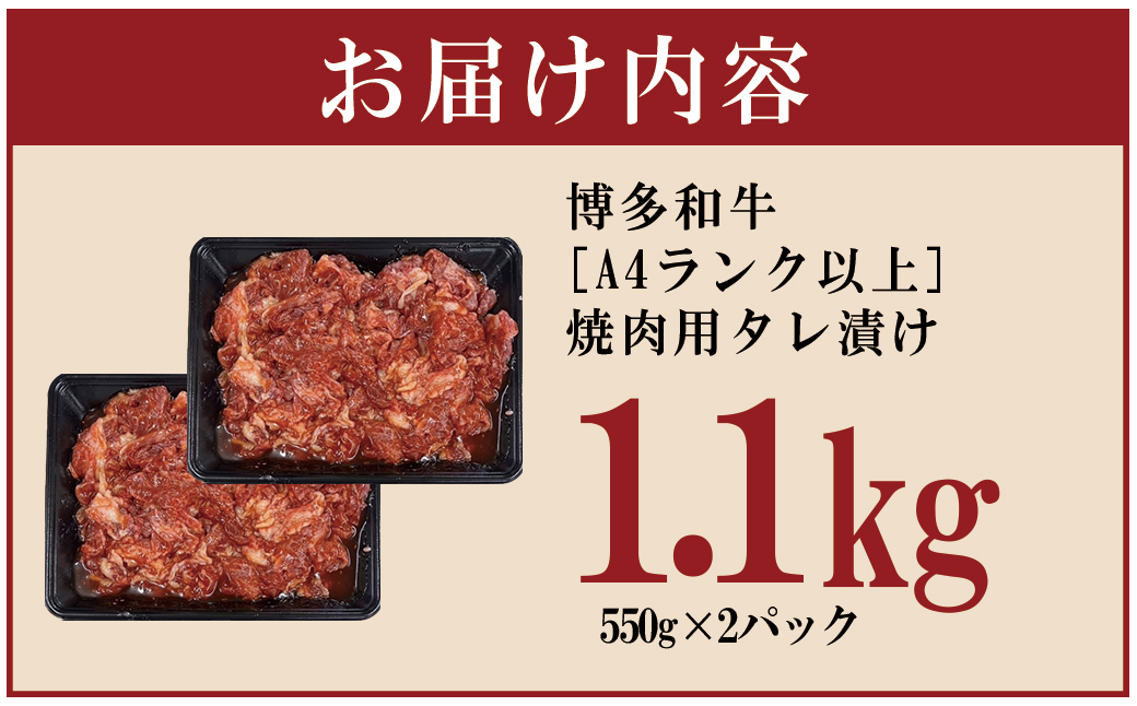 博多和牛【A4ランク以上】焼肉用タレ漬け1.1kg　4PB2