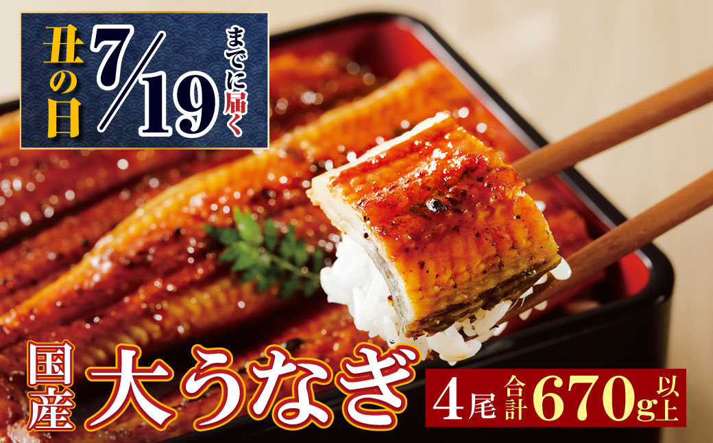 丑の日前日までにお届け！ 累計販売数229,673件突破  国産うなぎ蒲焼大サイズ4尾（計670g以上）鰻蒲焼用タレ・山椒付 うなぎ生産量日本一鹿児島県産・宮崎県産・熊本県産