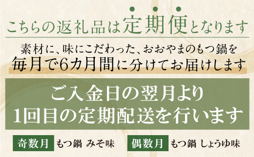 【定期便6ヶ月】博多もつ鍋おおやま みそ味3人前・しょうゆ味3人前（交互）