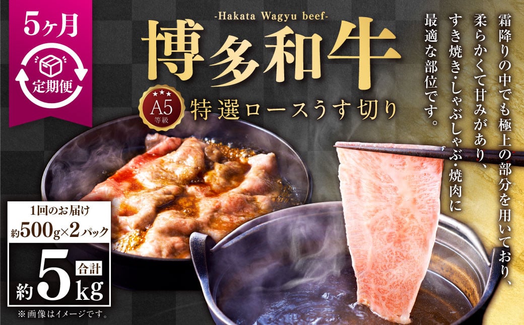 【5ヶ月定期便】A5等級 博多和牛特選ロースうす切り (500g×2パック) 