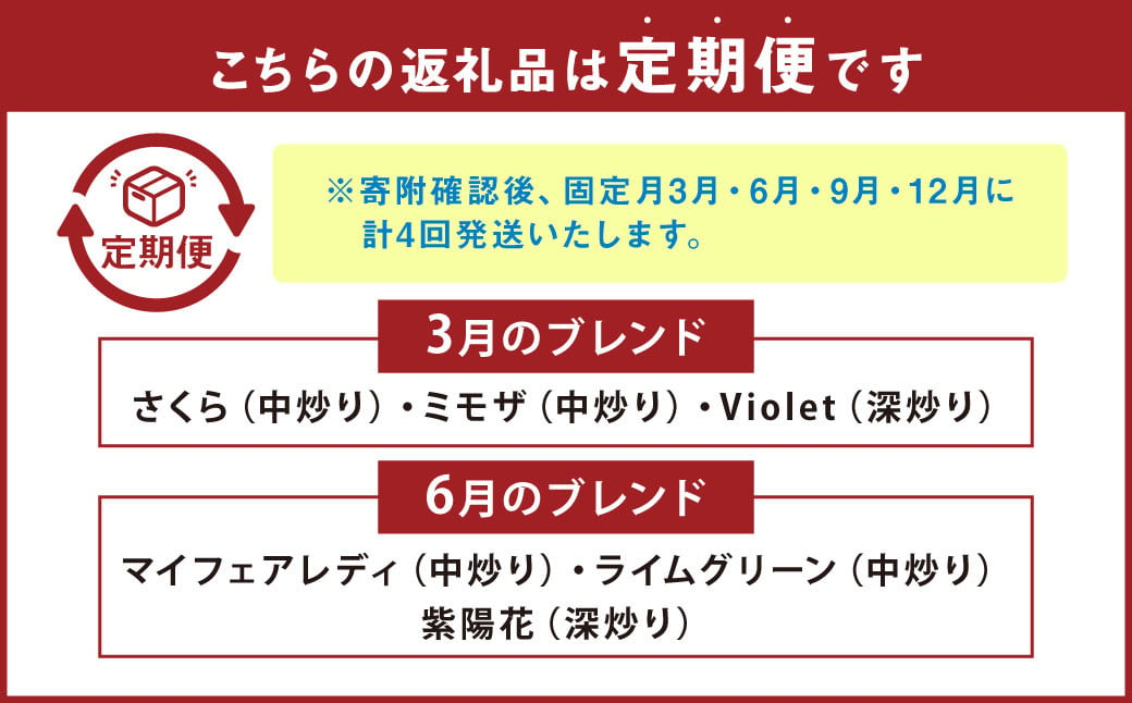 【発送月固定定期便】 豆乃木オリジナル特選ブレンド3種（中煎り2種類、深煎り1種類） コーヒー コーヒー豆 コーヒー粉 珈琲豆 珈琲 飲み比べ 定期便 計4回 各100g×3袋×4回 合計約1200g 冷蔵 豆の専門店 福岡県 京都郡 苅田町