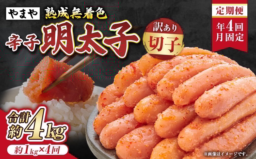 【定期便：年4回発送月固定】【訳あり】やまや熟成無着色辛子明太子 徳用切子冷凍 合計約4kg 1回あたり約1kg 4回 辛子明太子 辛子 明太子 めんたいこ 切子 冷凍