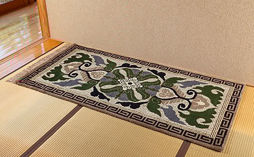 鍋島緞通[手織] 蟹牡丹紗綾形地縁二重雷文 灰地青：D253-007