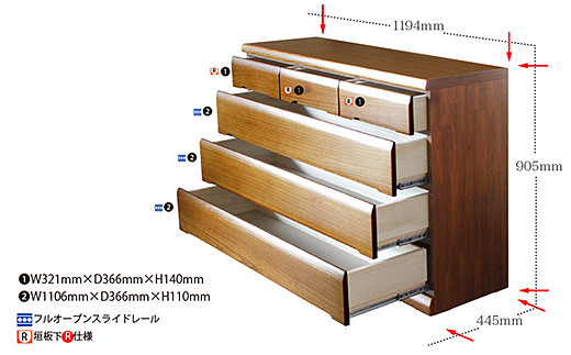120LC無垢材使用チェスト蓮（BR）【諸富家具】：C173-004
