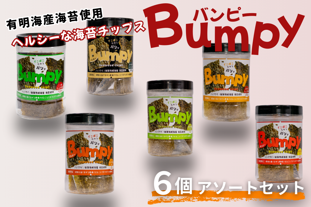 有明海産海苔使用 ヘルシーな海苔チップス「Bumpy（バンピー）」6個アソートセット フードロス削減 SDGs 有明海苔 有明海産 海苔 味付け海苔 スナック おやつ おつまみ：B125-015