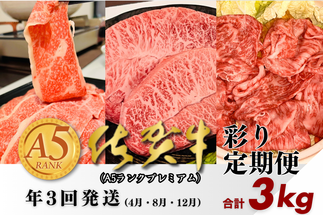 【定期便3回】佐賀牛（プレミアム）彩り定期便 すき焼き しゃぶしゃぶ ステーキ 焼肉 赤身 切り落とし 合計3kg：B875-001