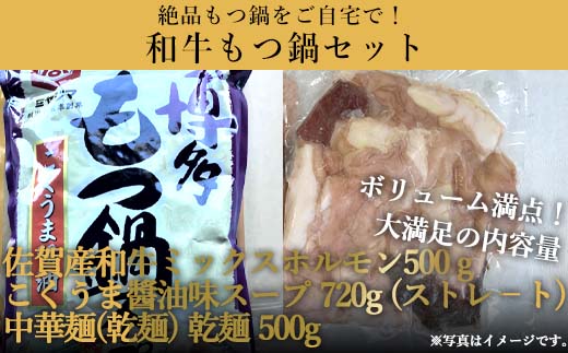 和牛もつ鍋セット 佐賀産和牛ミックスホルモン500ｇ こくうま醤油味ス−プ 乾麺 (3〜4人前)「2023年 令和5年」