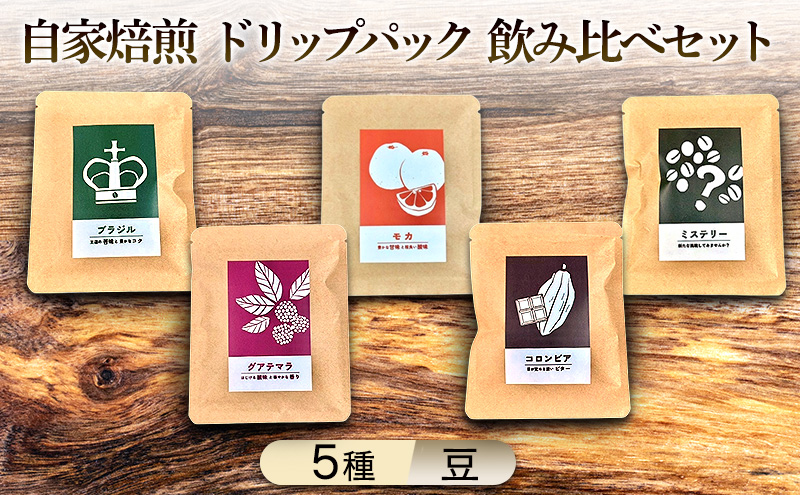 【厳選5種】煎りたて・挽きたて！自家焙煎ドリップパック飲み比べセット (計5種：モカ×2個、その他×各1個) 珈琲