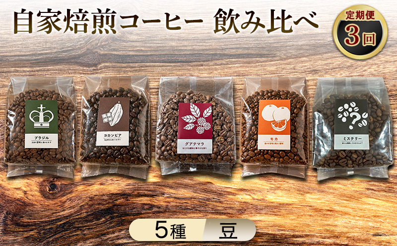 【厳選5種の3ヶ月定期便】芳醇なフルーティー＆ビター飲み比べセット・自家焙煎コーヒー（豆）(モカ285g×2、ブラジル250g、グァテマラ221g、コロンビア241g、インドネシア327g) 珈琲