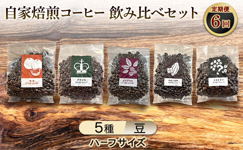 【厳選5種の6ヶ月定期便】芳醇なフルーティー＆ビター飲み比べセット・自家焙煎コーヒー (ハーフサイズ豆)(モカ143g×2、ブラジル125g、グァテマラ111g、コロンビア121g、インドネシア164g) 珈琲