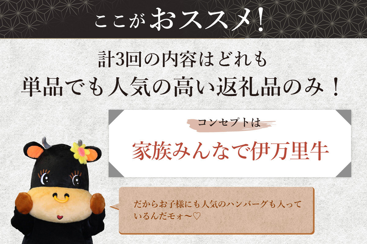 伊万里牛ファミリーコース 定期便 3回便 （すき焼き しゃぶしゃぶ ハンバーグ 焼肉） 999-J602