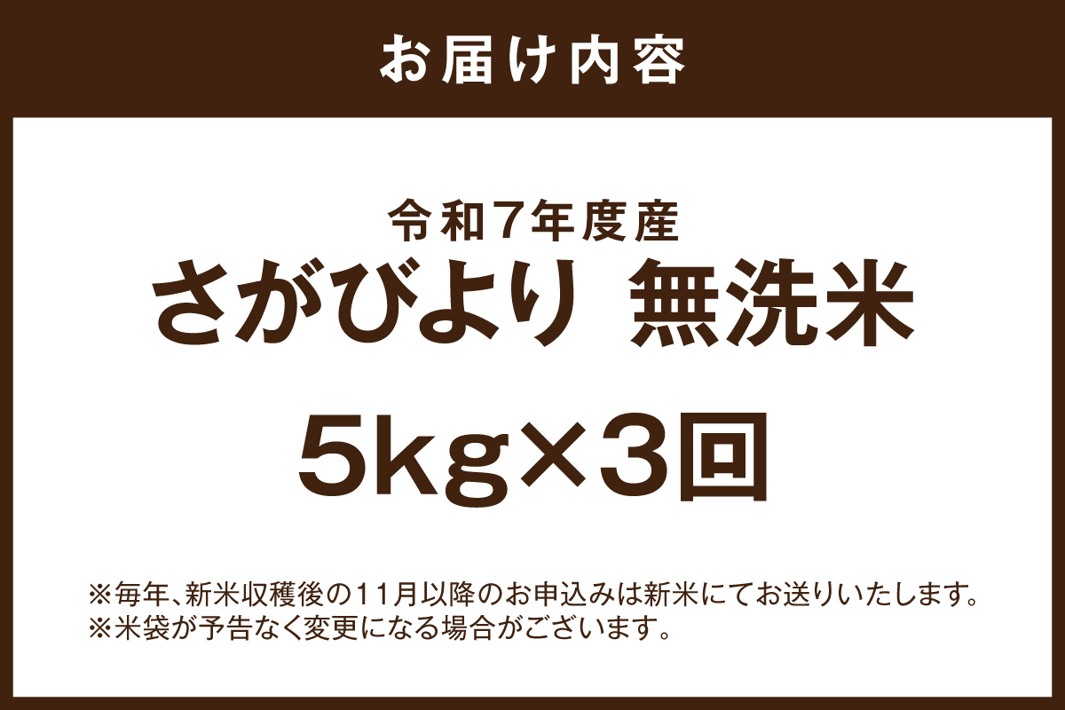 令和7年産 【定期便】《無洗米》さがびより 5kg×3回 999-B909