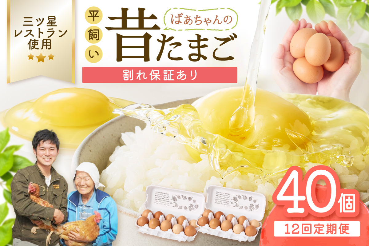 【12回定期便】平飼いで のびのび！ばあちゃんの昔たまご 40個/月 割れ保証あり 999-B612