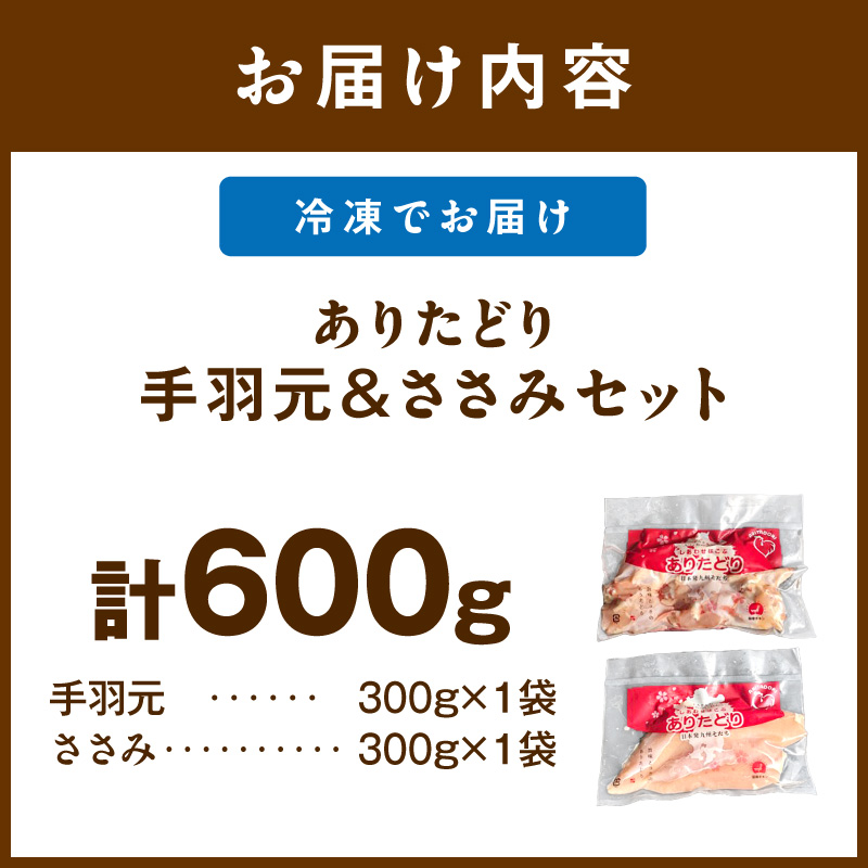 【佐賀県のブランド鶏】個装で便利！！ ありたどり 手羽元＆ささみ セット　合計600g（300g×各1P） 188-L098