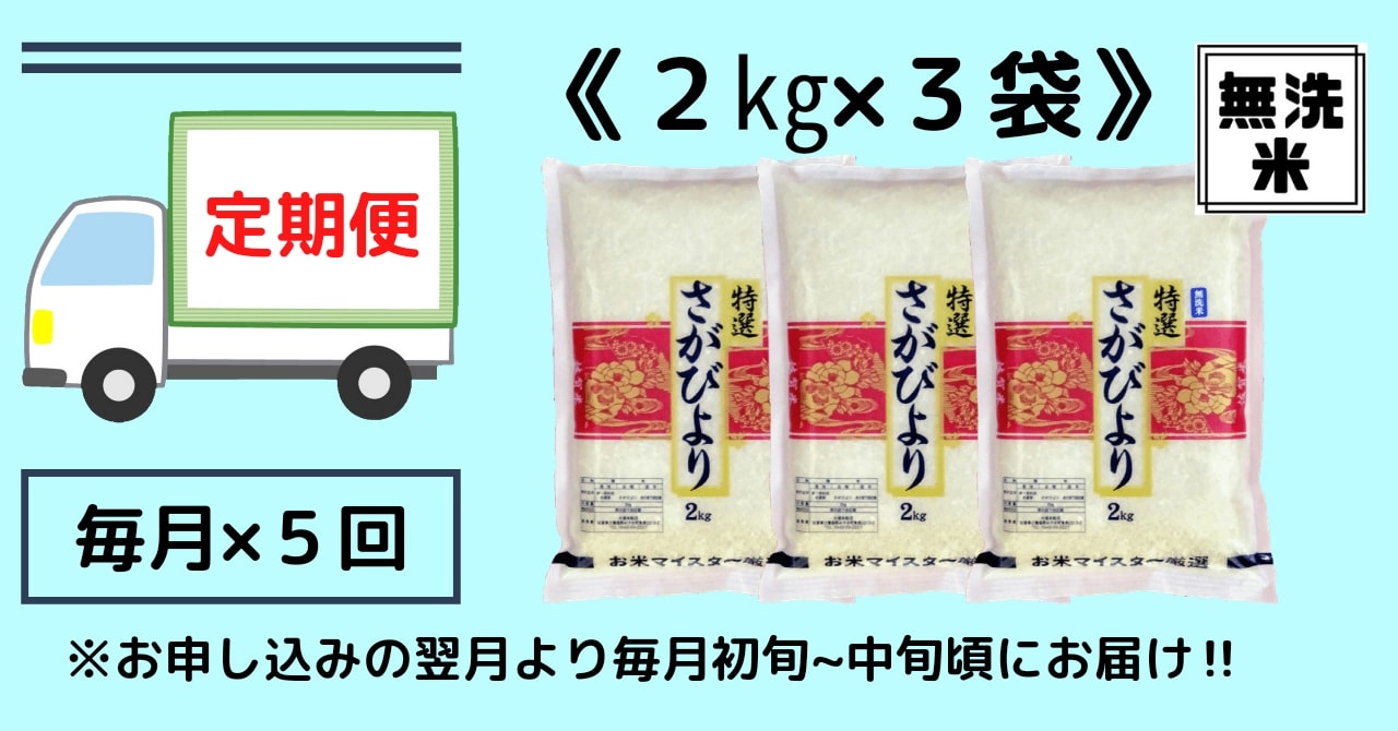 【定期便】《無洗米》さがびより２kg×３袋×５回 B632