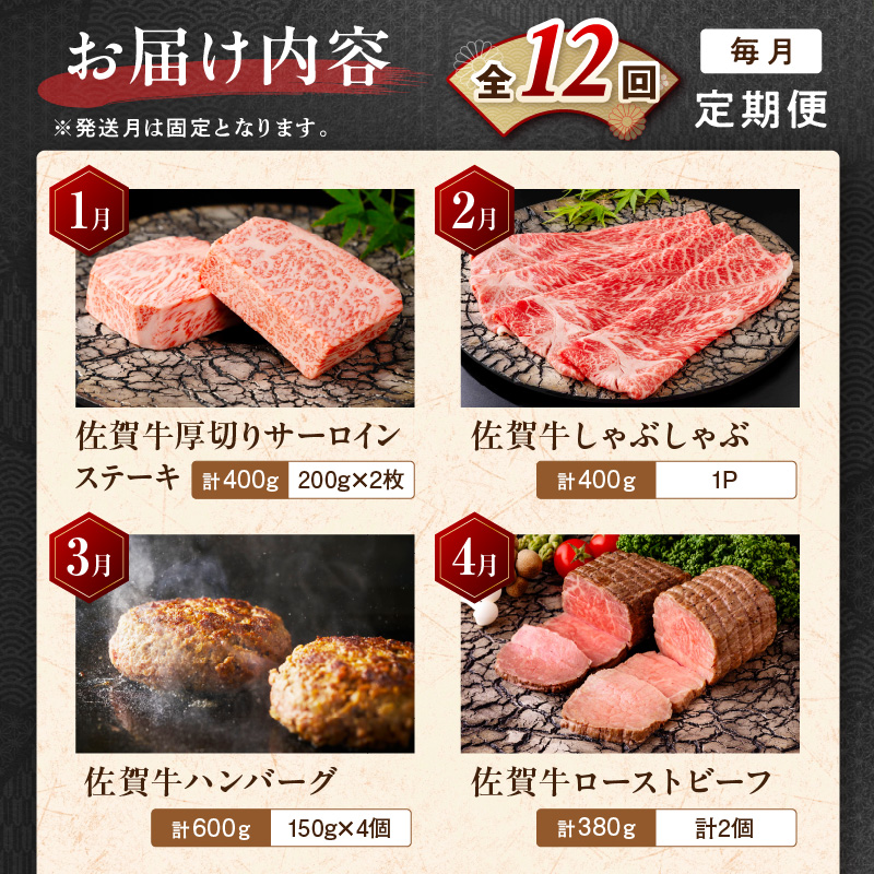 【発送月固定 定期便】肉の定期便！ 佐賀牛 毎月月替わりでお届け 全12回 999-J1171