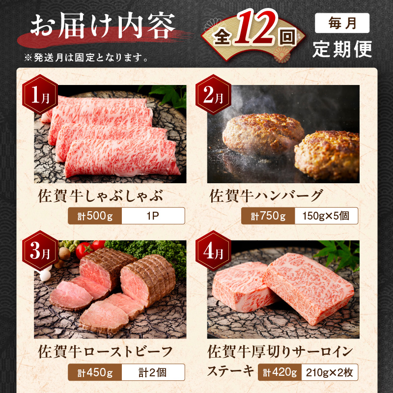 【発送月固定 定期便】肉の定期便！ 特選佐賀牛 毎月月替わりでお届け 全12回 999-J1172