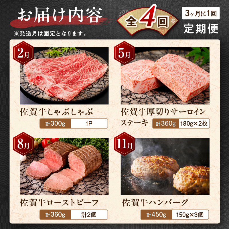 【発送月固定 定期便】肉の定期便! 佐賀牛 を3ケ月に1回お届け! 全4回 999-J1168