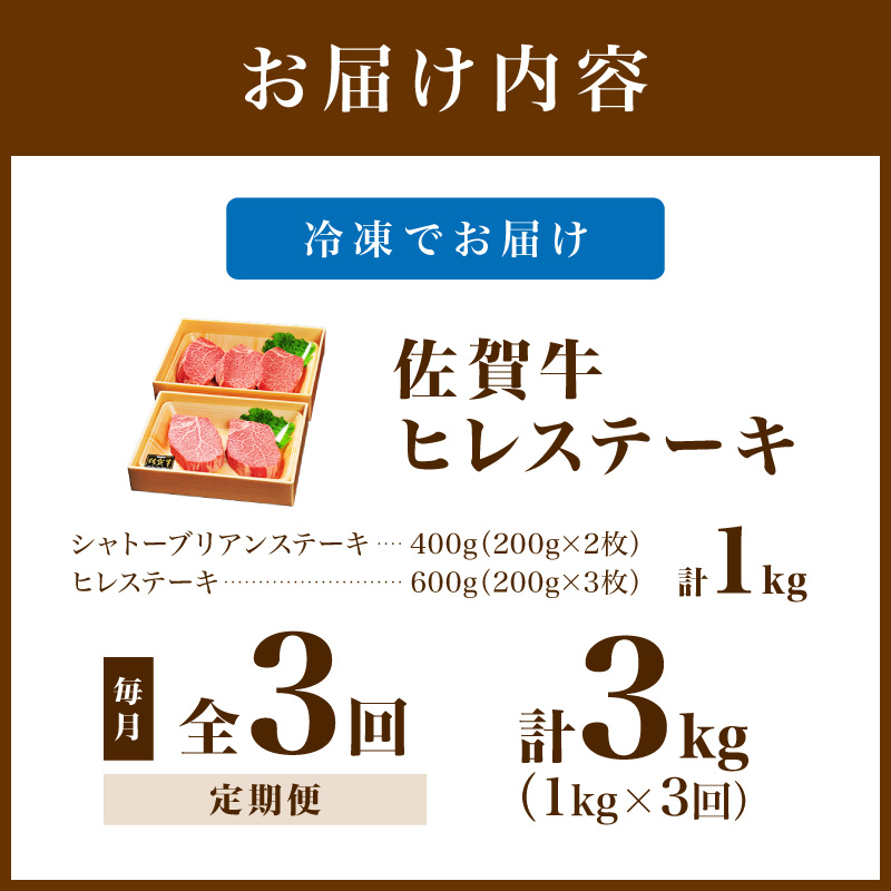 佐賀牛 シャトーブリアンステーキ400g（200g×2枚） ヒレステーキ600g（200g×3枚）合計１kg 全３回 定期便 999-J1434