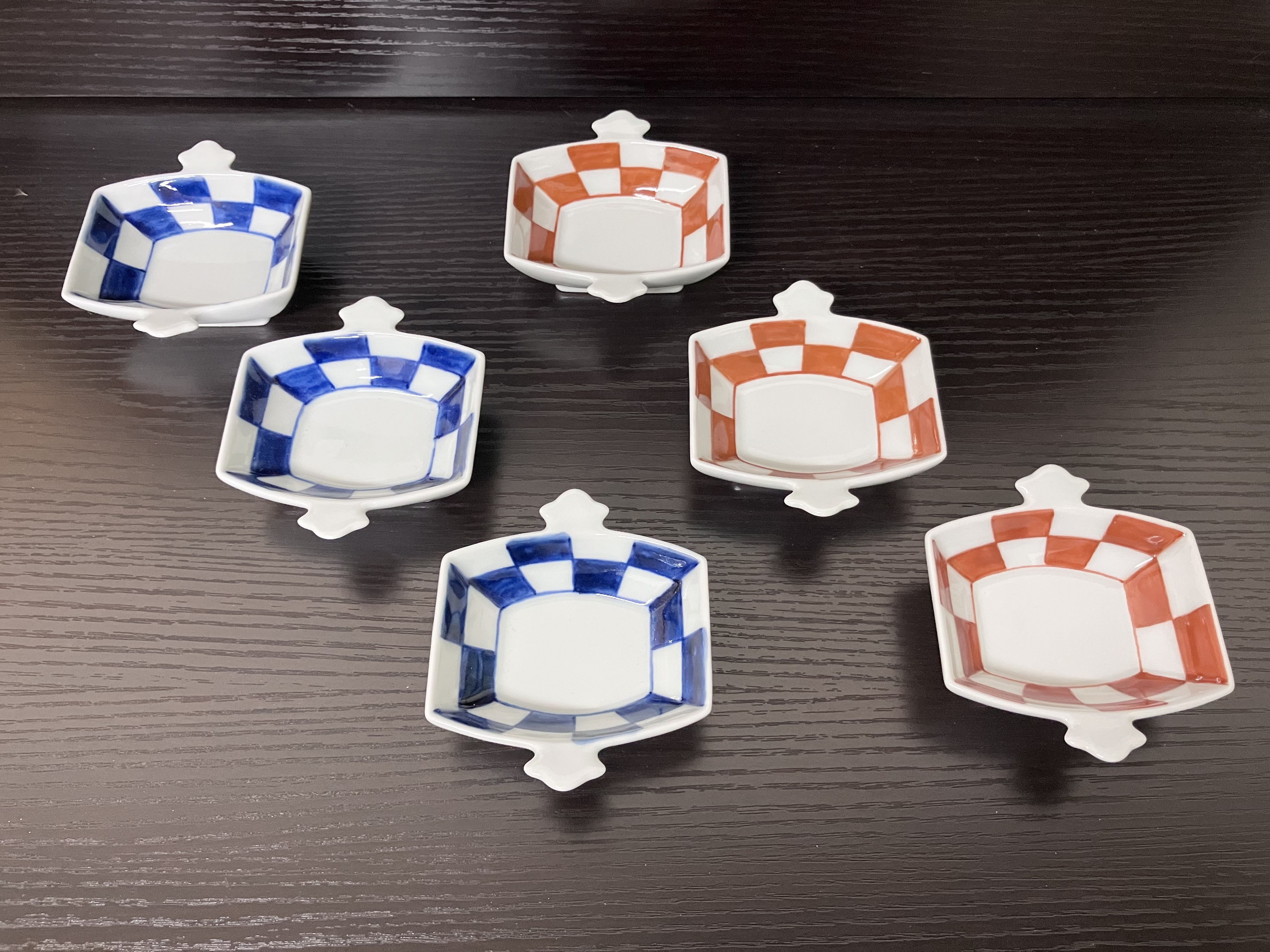 伊万里焼 市松コヅチ豆鉢（青・赤）6個セット 165-H1066