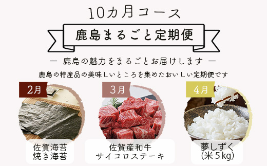 【10ヶ月定期便】 鹿島まるごと定期便 佐賀産和牛 夢しずく(米）海鮮しゅうまい 黒毛和牛 ジェラート 海苔佃煮 芳寿豚 野菜 果物 海苔 L-12