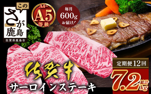 【定期便12回配送】＼極上のご褒美肉！／佐賀牛サーロインステーキ 200g×3枚 全12回配送 計7,200g｜A5・A4等級 厳選黒毛和牛 とろける霜降り 高級ステーキ 贈答 ギフト対応可 定期便 定期配送 国産牛 佐賀県鹿島市 送料無料 V-72