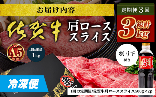 【定期便3カ月配送】＼とろける佐賀牛／【佐賀牛肩ローススライス1kg（500g×2パック）】小分けで便利 ブランド牛 霜降り 極上 高級肉 贅沢 すき焼き しゃぶしゃぶ 鍋 大容量 肉の甘み 柔らかい ギフトにも最適 定期便 3カ月 お中元 お歳暮 K-17