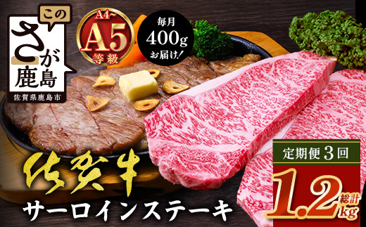 【定期便3カ月配送】＼極上のご褒美肉！／佐賀牛サーロインステーキ 200g×2枚 A5・A4等級 厳選黒毛和牛 とろける霜降り 高級ステーキ 贈答・ギフト対応可 国産牛 定期便 3カ月 佐賀県鹿島市 送料無料　H-50