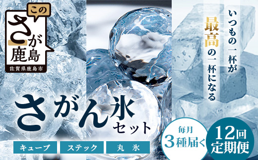 【12回定期便】さがん氷【バラエティセット】【キューブタイプ1.1kg・スティックアイス10本・丸氷3個】藤津製氷 氷 天然水使用 角氷 かき氷 多良岳山系 お試し 小分け氷 お酒 焼酎 リキュール サイダーと一緒にさがん氷 L-54
