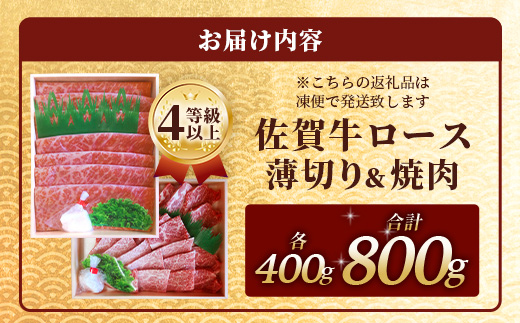 【まだ間に合う 年内配送】佐賀牛 ロース （薄切り・焼肉）セット 各400g 合計800g F-73 牛肉 牛 肉 やきにく 焼き肉 しゃぶしゃぶ すき焼き 正月 お正月 大晦日