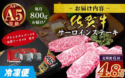 【定期便6回配送】＼極上のご褒美肉！／佐賀牛サーロインステーキ 200g×4枚 全6回配送 計4,800g｜A5・A4等級 厳選黒毛和牛 とろける霜降り 高級ステーキ 贈答 ギフト対応可 定期便 定期配送 国産牛 佐賀県鹿島市 送料無料 V-74